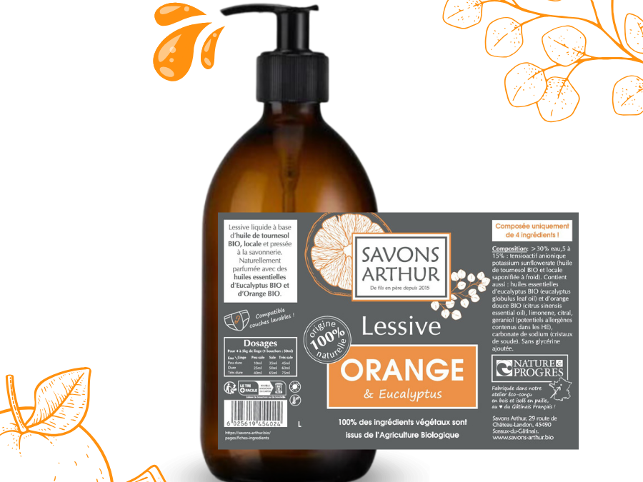 Étiquette de lessive à l'orange et eucalyptus bio