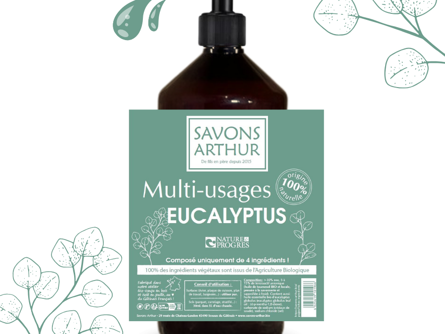 Étiquette nettoyant multi-usages à l'eucalyptus bio. Entretien multi-surface.