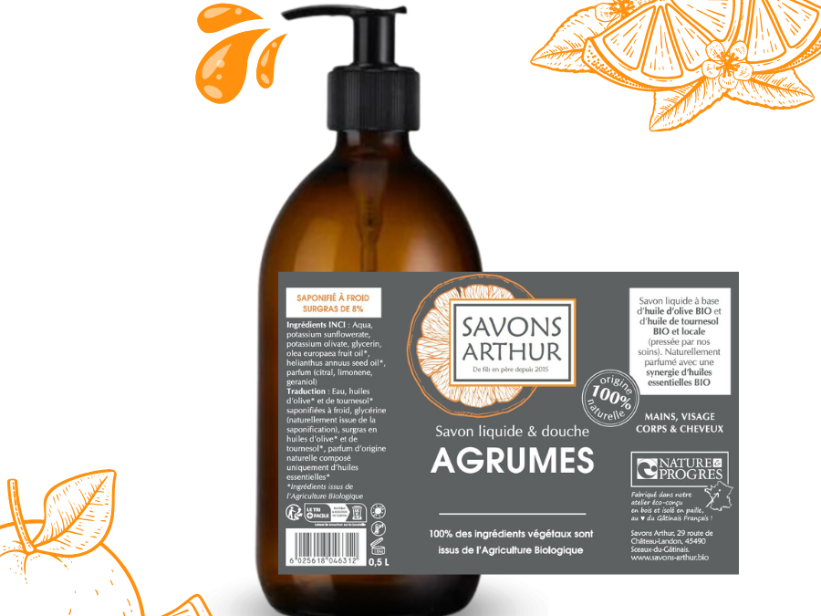 Étiquette du savon liquide agrumes. Savon à froid pour les peaux mixtes et grasses