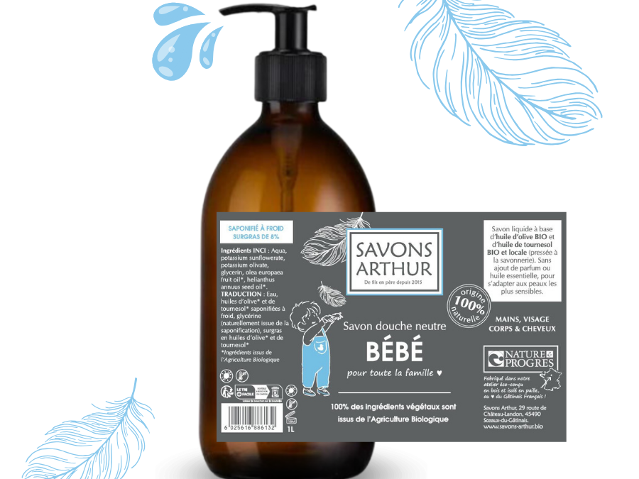 Étiquette du savon liquide bébé, non parfumé. Pour les peaux sensibles et toute la famille
