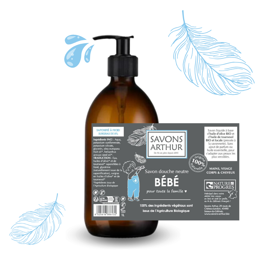 Étiquette du savon liquide bébé, non parfumé. Pour les peaux sensibles et toute la famille