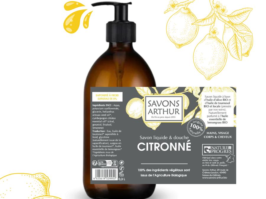 Étiquette du savon citronné. Savon liquide à froid pour les peaux mixtes et grasses