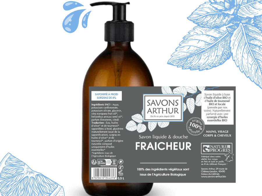 Étiquette du savon liquide à froid fraicheur, aux notes d'eucalyptus, de menthe et de citron. Pour les peaux mixtes et fragiles