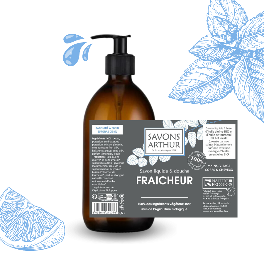 Étiquette du savon liquide à froid fraicheur, aux notes d'eucalyptus, de menthe et de citron. Pour les peaux mixtes et fragiles