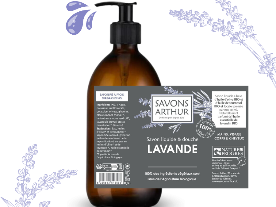 Étiquette de savon liquide à froid à la lavande bio. Peaux mixtes et délicates