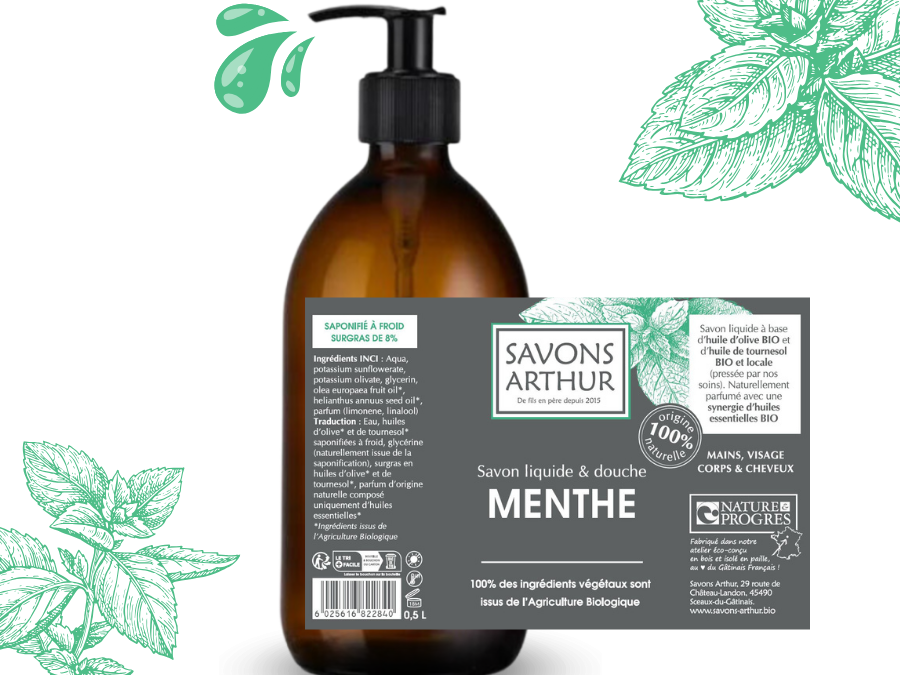 Étiquette de savon liquide à froid à la menthe bio. Peaux mixtes et délicates.