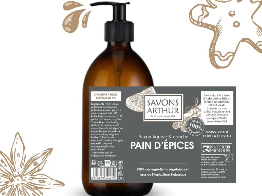 Étiquette de savon liquide à froid aux notes d'orange et de cannelle bio. Peaux mixtes et matures.