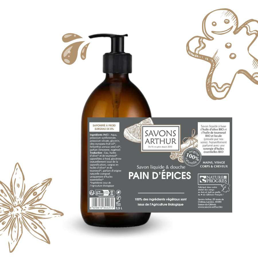 Étiquette de savon liquide à froid aux notes d'orange et de cannelle bio. Peaux mixtes et matures.