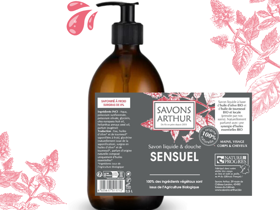 Étiquette de savon liquide à froid au patchouli bio. Peaux mixtes et grasses.