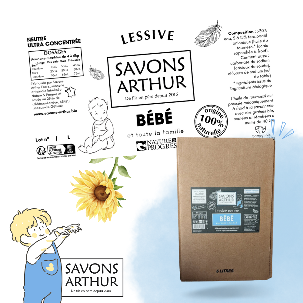 Étiquette lessive bébé non parfumée. Pour toute la famille. Compatible couches lavables