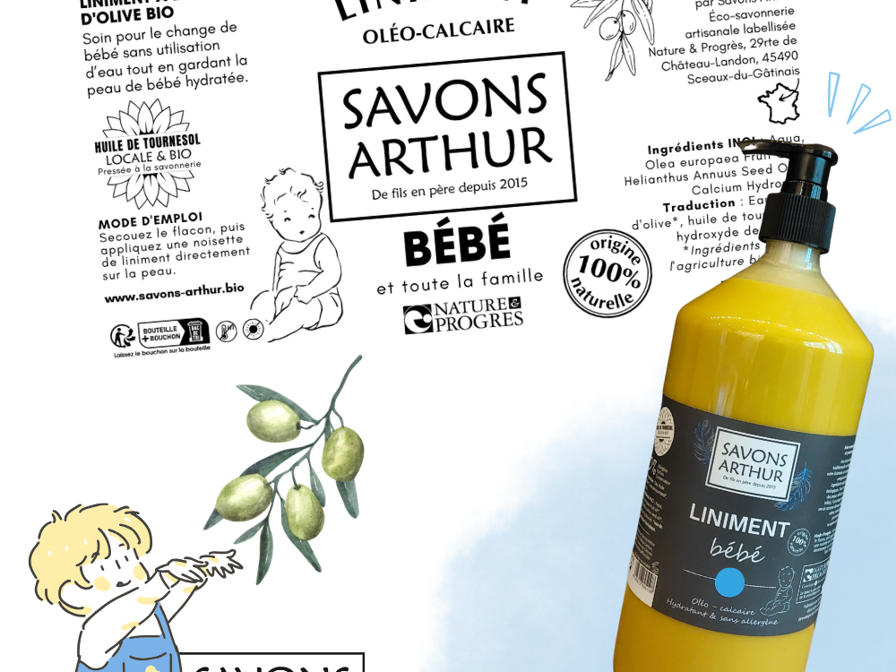 Étiquette liniment bébé et démaquillant Savons Arthur