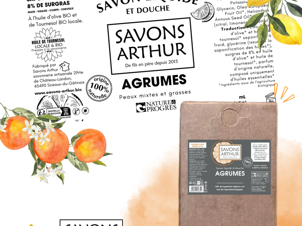 Étiquette savon liquide à froid. Peaux mixtes et grasses