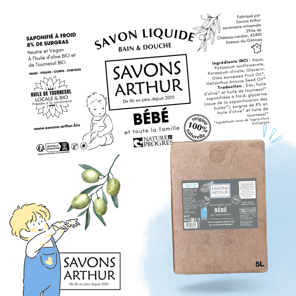 Étiquette savon liquide à froid. Non parfumé, pour les bébés et peaux sensibles