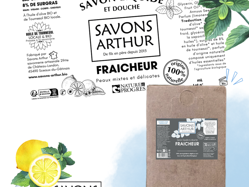 Étiquette savon liquide à froid. Peaux mixtes et délicates. Menthe, citron, eucalyptus