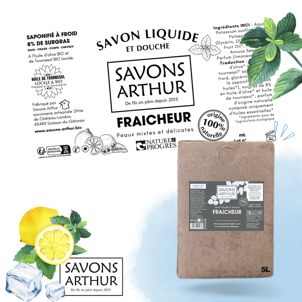 Étiquette savon liquide à froid. Peaux mixtes et délicates. Menthe, citron, eucalyptus