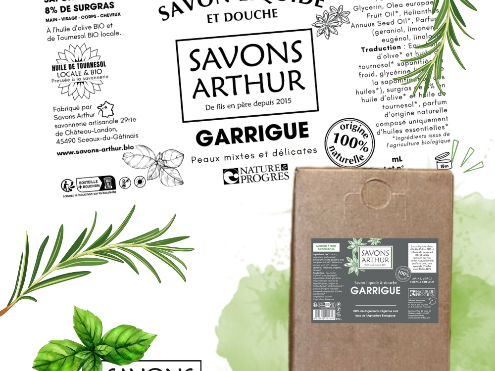 Étiquette savon liquide à froid. Peaux mixtes et délicates. Basilic et romarin