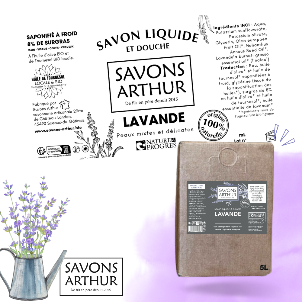 Étiquette savon liquide à froid. Peaux mixtes et abîmées