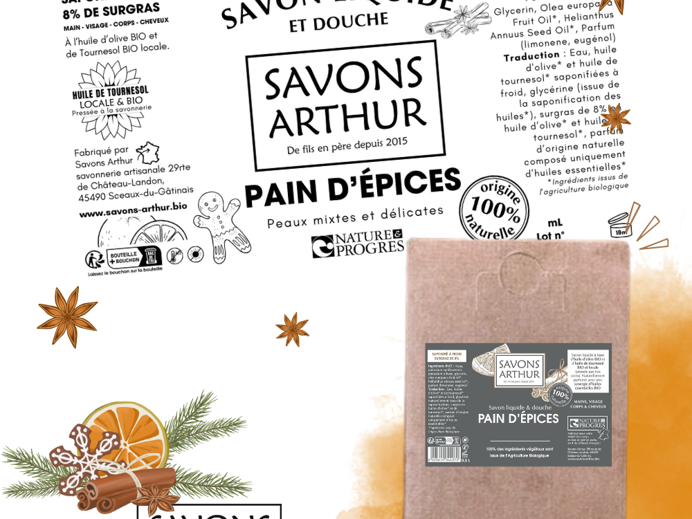 Étiquette savon liquide à froid. Peaux mixtes et matures. Orange, cannelle