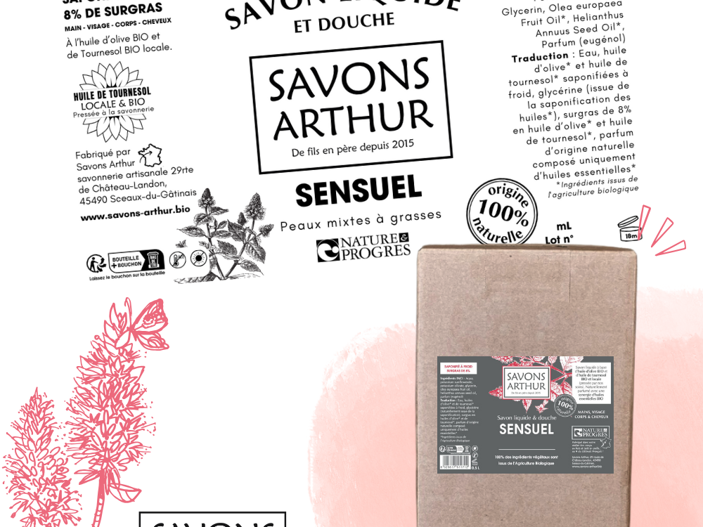 Étiquette savon liquide à froid. Peaux mixtes et grasses. Patchouli