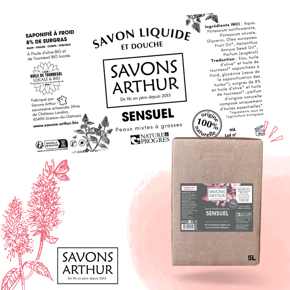 Étiquette savon liquide à froid. Peaux mixtes et grasses. Patchouli