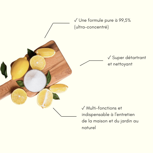 acide citrique d'origine naturelle, détartrant et nettoyant