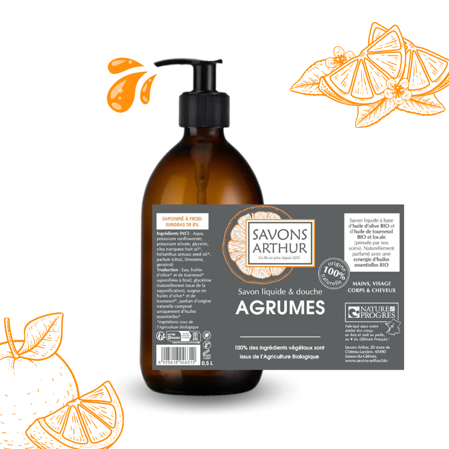 Étiquette du savon liquide agrumes. Savon à froid pour les peaux mixtes et grasses