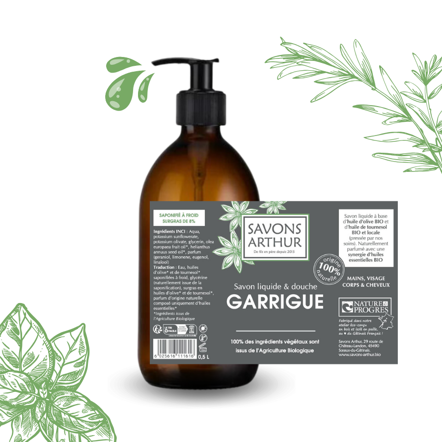 Étiquette du savon liquide à froid au basilic et romarin. Pour les peaux mixtes et délicates