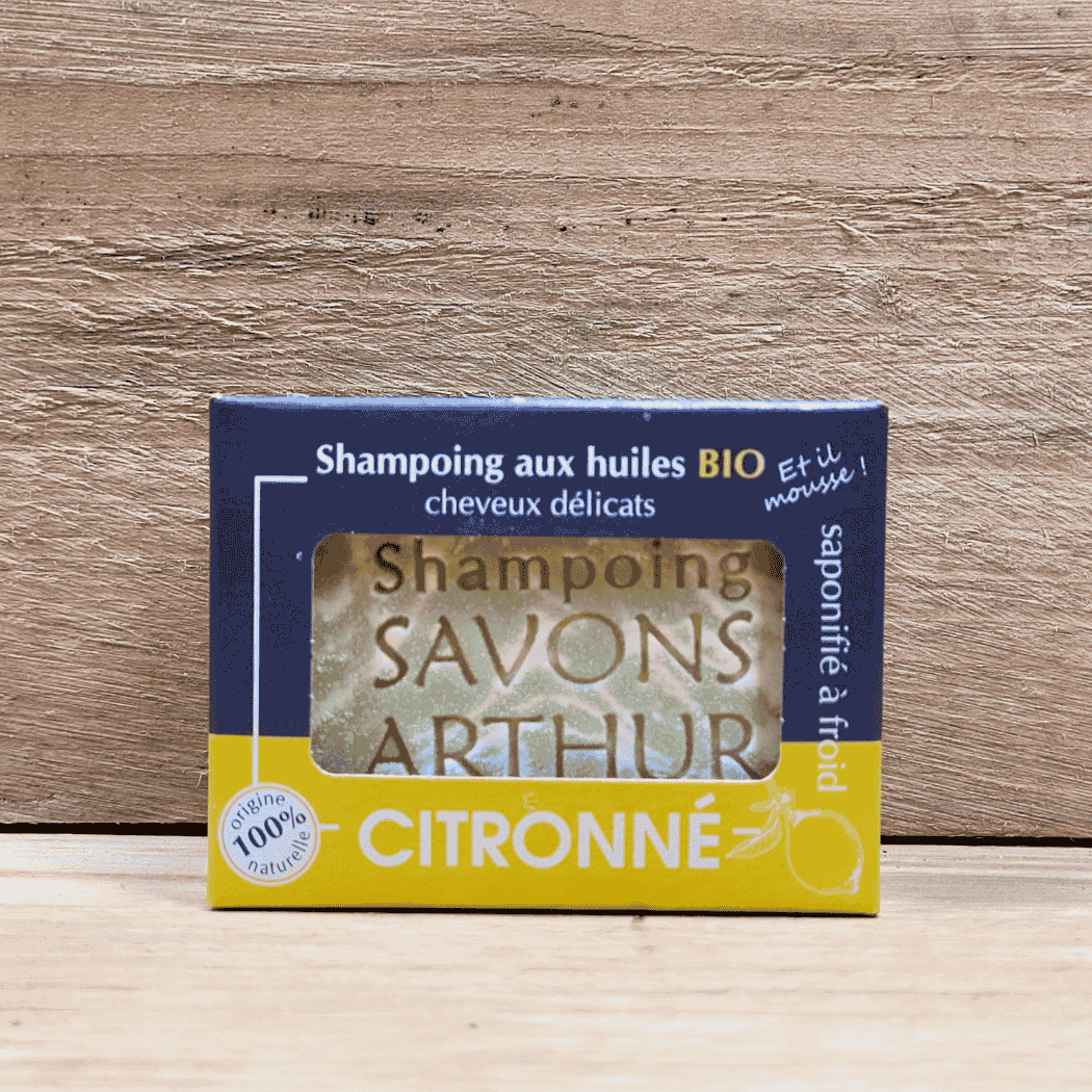 Shampoing solide Savons Arthur. Aux huiles de coco et d'olive bio. Fortifie et fait briller les cheveux